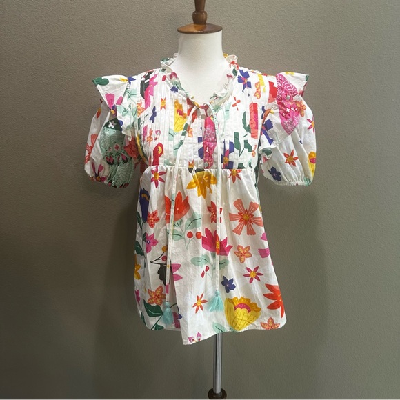 Floral Ruffle Sleeve Top Sincerely Ours Nora EUC Pretty Peacock - Picture 2 of 14